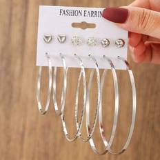 6 st överdrivna moderiktiga örhängen med Eiffeltornet och hjärtformade ringar - Silver (En-Storlek)