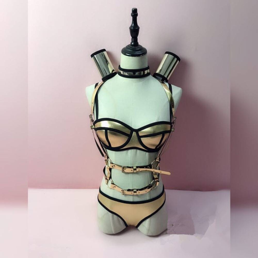 Women Nightclub DJ Jazz Dance Wear Sexy Gold Silver Bikini Stage Outfit Bra Shorts Belt Set Bar Party Singer Performance Costume