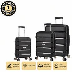 European Brand, French Design 20&#34;+24&#34;+28&#34; 3 Pieces PP Material Luggage Set, Expandable Large Capacity, Quiet Wheels, Lock, Waterproof Durable, 1 Year - Black
