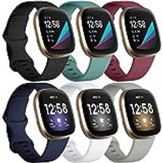 Charlam 6-pack remmar kompatibla med Fitbit Versa 3/Versa 4 remmar/Fitbit Sense/Sense 2 rem, mjukt sportklockarmband ersättningsarmband för kvinnor män, små, mörka färger