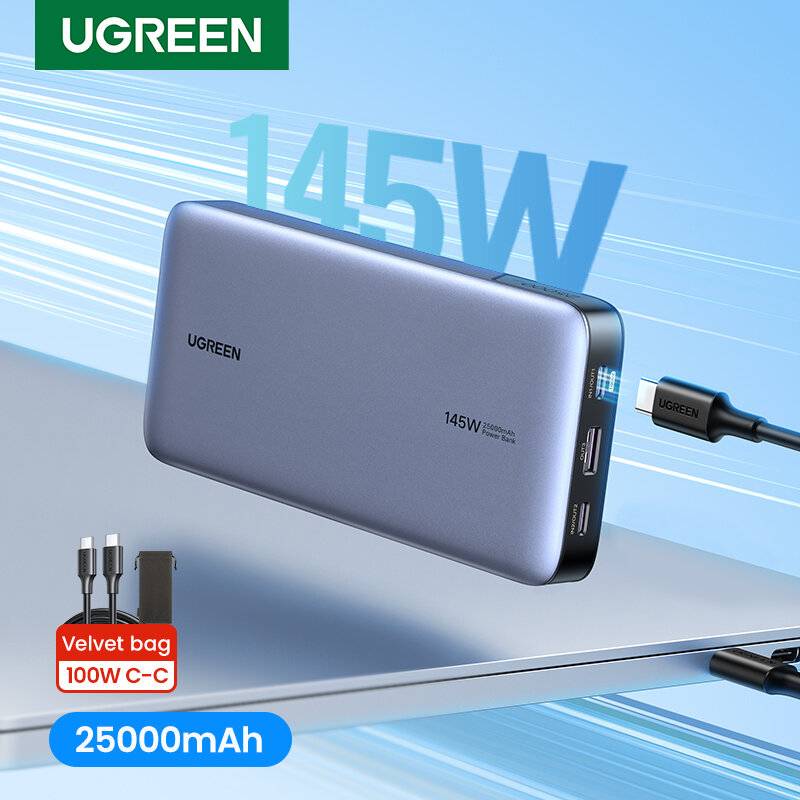 UGreen PB205 145W 90Wh 25000mAh Power Bank Extern Batteriströmförsörjning med 100W Typ C-1 PD3.0 & 45W Typ C-2 & 18W USB