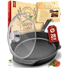 KRUSTENZAUBER 28cm Gusseisenpfanne Induktion Set - Voreingebrannte Gusseisen Pfanne - Ideale Grillpfanne Induktion, Eisenpfanne, Cast Iron Pan, Bratpfanne, Gusseiserne Pfanne Skillet Gusspfanne