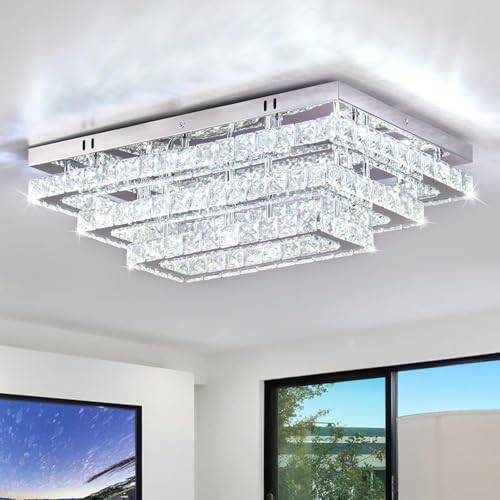 Finktonglan Modern Kristall LED-taklampa 50 cm Rektangulär Infälld Kronljuskrona 3-nivåer Rostfritt stål Taklampor för Vardagsrum Matsal (6500K Kallvit)
