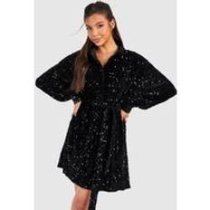 Oversize Skjortklänning I Sammet Med Bälte, Black