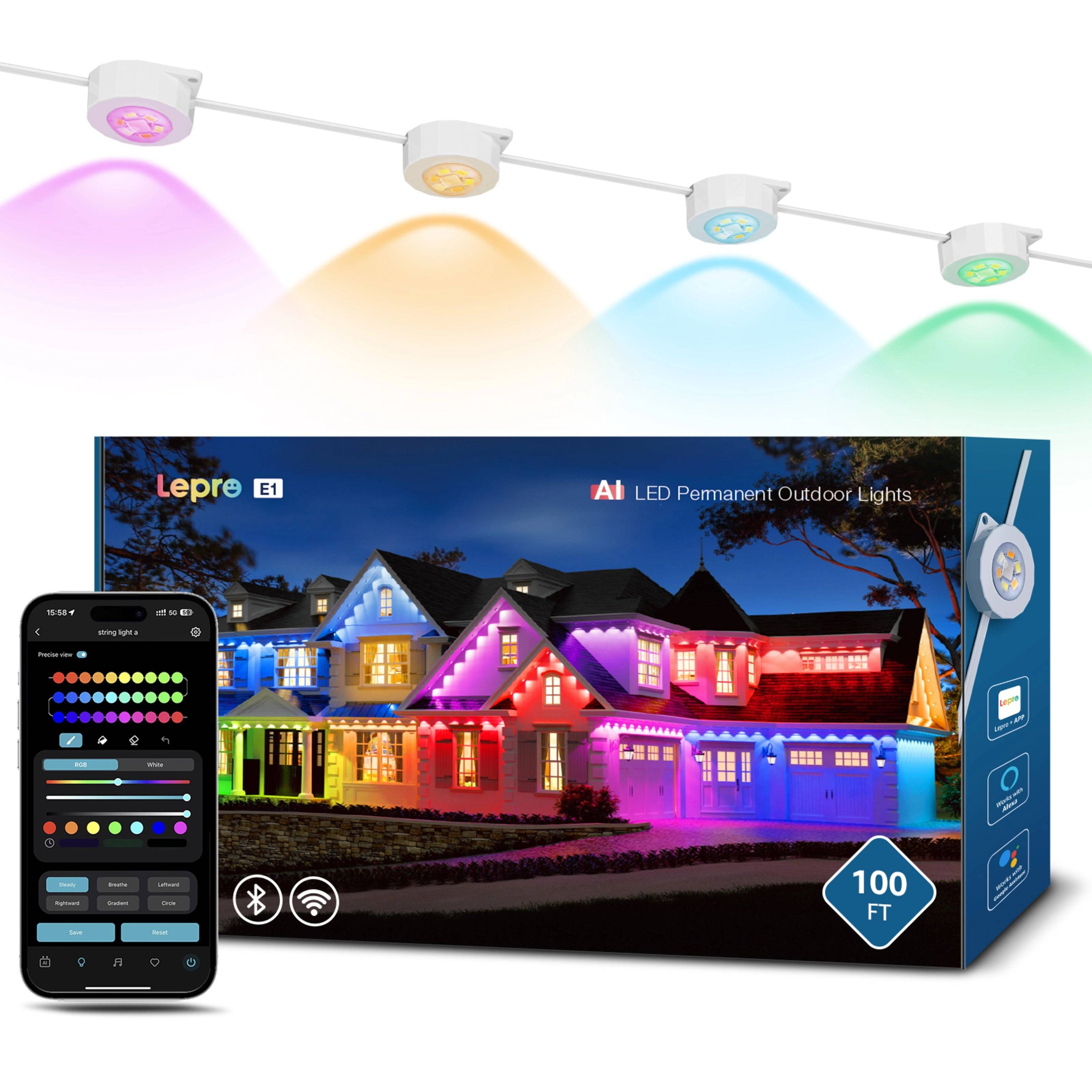 Lepro E1 AI permanent udendørsbelysning, 60 m, RGB+CCT, IP65