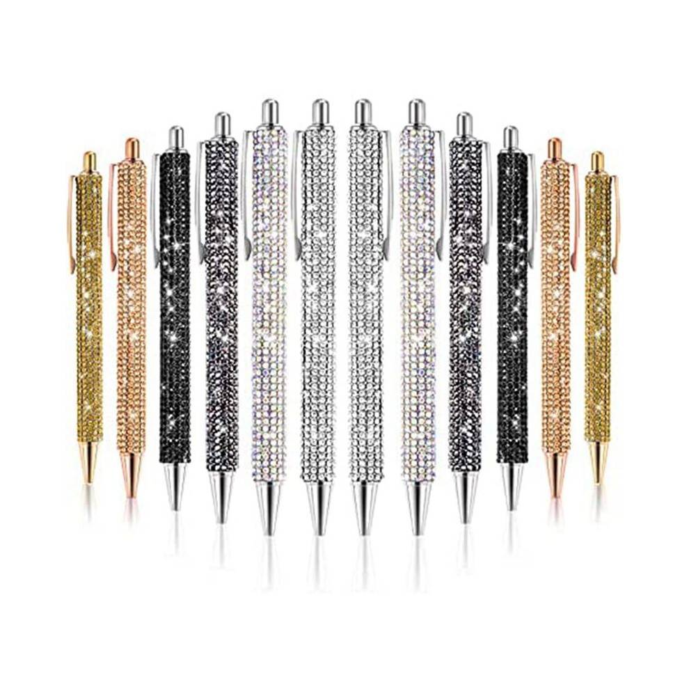 12 ST Bling Penna Bulk Metallkulspetspenna Diamantpenna Kristallpress Indragbar Svart BläCk 0,7 Mm Kulspetspenna 6 FäRger