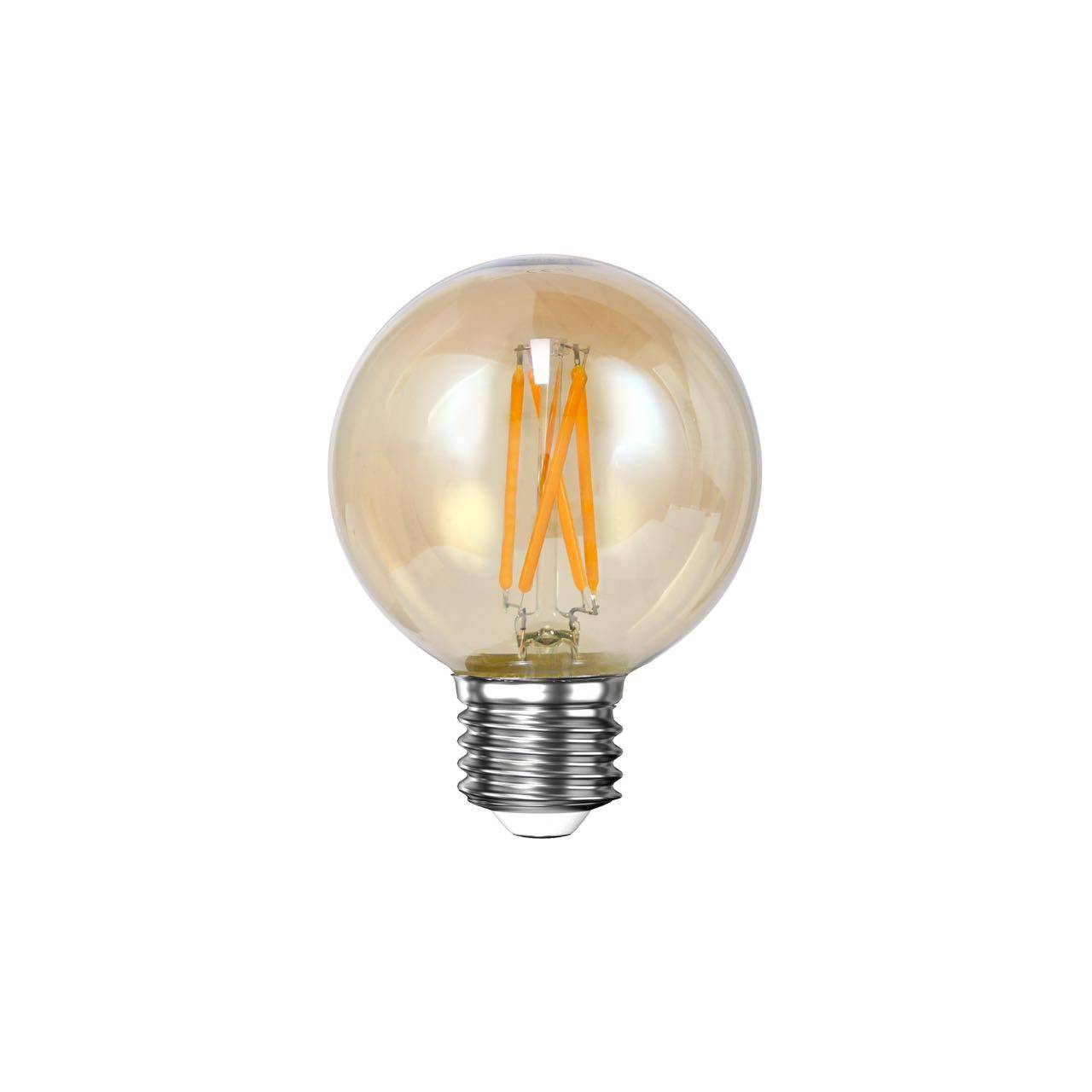 Rund LED pære i ravfarvet glas, ø 6 cm.