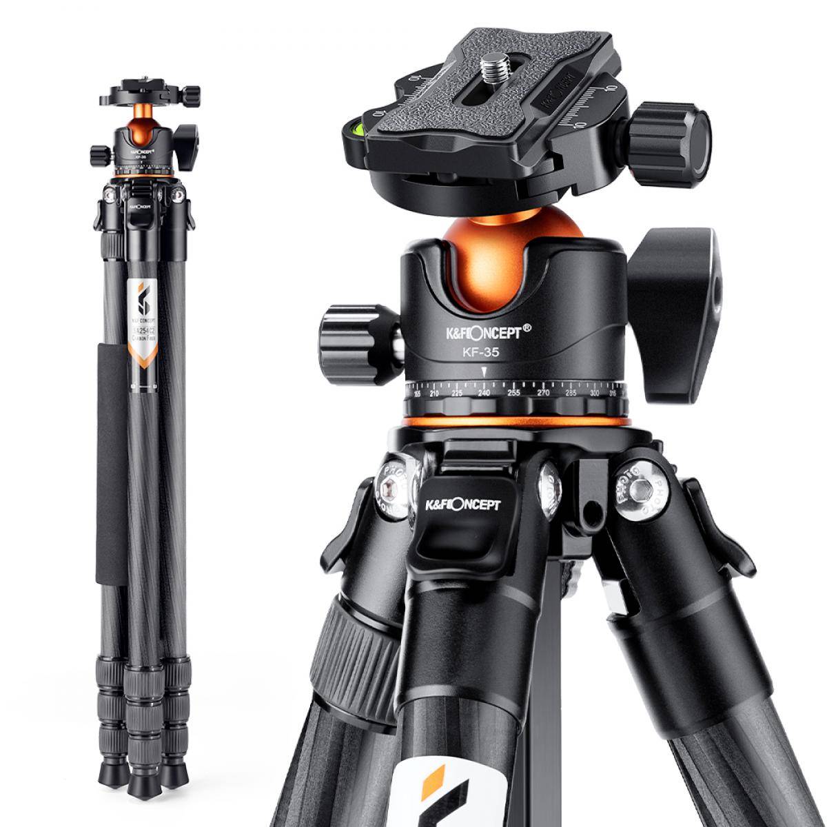 KENTFAITH Carbon Fiber Travel Tripod 70"/1.7m Max Height Lightweight Tripod 15kg/33.07lbs Load for DSLR Cameras A254C4+BH-36L (old model SA254C2) (Upgraded to the New Model)