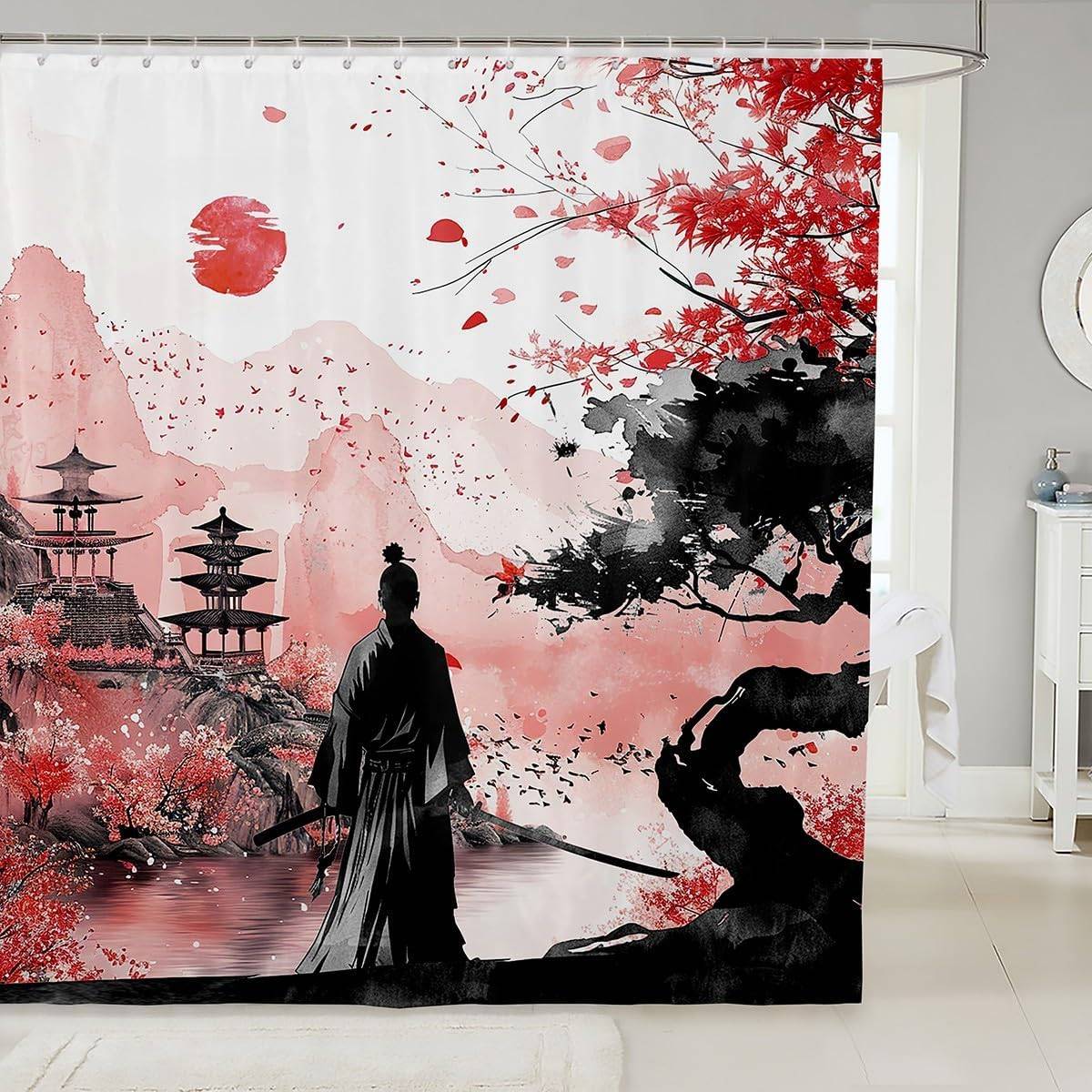 Japansk Samurai Badrumsgardin Pojkar Flickor Landskap Duschdraperi för Barn Kvinnor Män Vattentät Solnedgång Badrum Duschdraperi