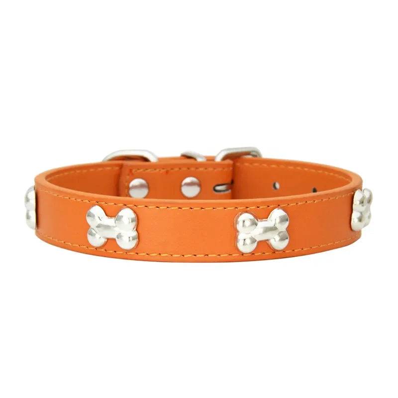 Durable Leather Dog Collar with Bone Design for Small to Large Dogs - Orange / XS（old） (XS（old）)