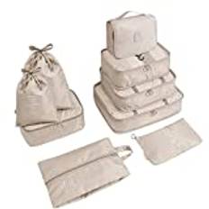 YuanDiann 9-delat packkuber, set, resväska, organisatör, set, vattentätt bagage, packkuber, reseväska, klädväskor, bagageorganiserare för kosmetikakläder, underkläder, skor, Beige