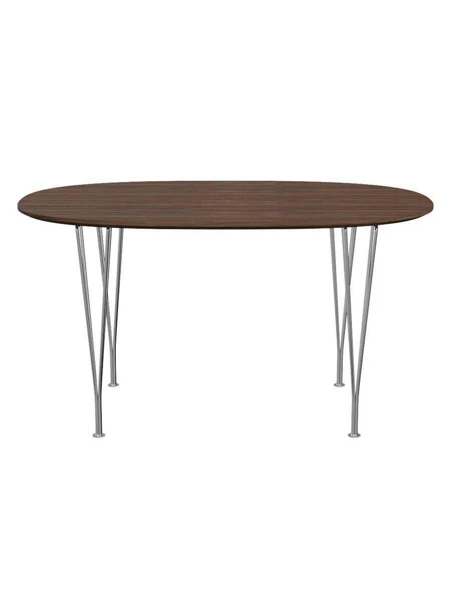Piet Hein B611 Superellipse spisebord, 135 x 90 cm fra Fritz Hansen Valnød finér m. finérkant - Krom stel - Jacobsen Plus