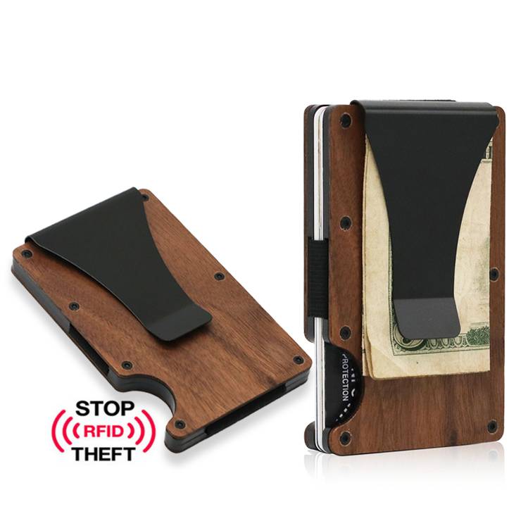 2024 Hottest Natural Wooden Credit Card Holder RFID Blocking Minimalist Slim Aluminum Wood Wallets for Men with Money Clip