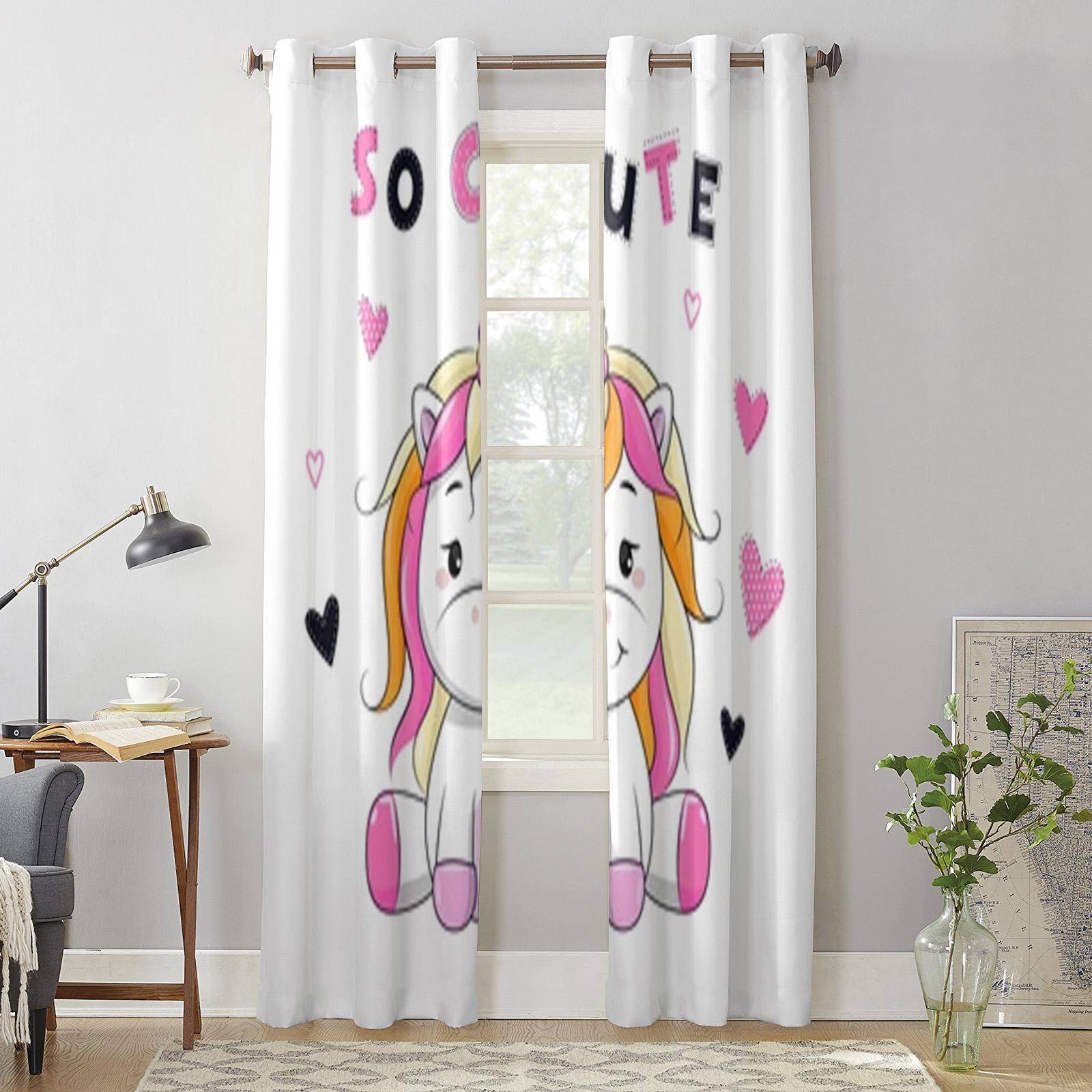 Cartoon Unicorn Window Curtain For Kids Room Home Blinds Curtains For Living Room Bedroom Window Drapes 135W x 60H(cm) x1