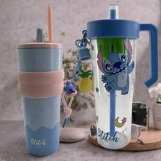 Disney Stitch Food Party Series Pineapple Plast Cup 1250ml med lock, Disney Stitch Vattenkopp Vattenflaska, Högkvalitativ halmmugg, Bekväm att bära, Å - Multifärgad (Stil B,Stil A)