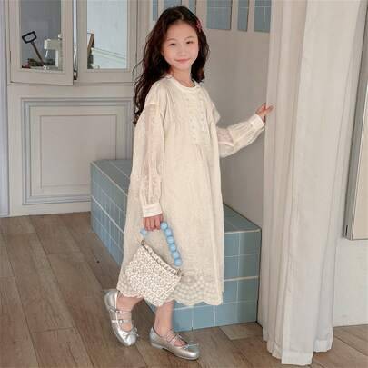 Tween Girls spets rund hals långärmad lös klänning - Beige (8Y,9Y,10Y,11Y,12Y)