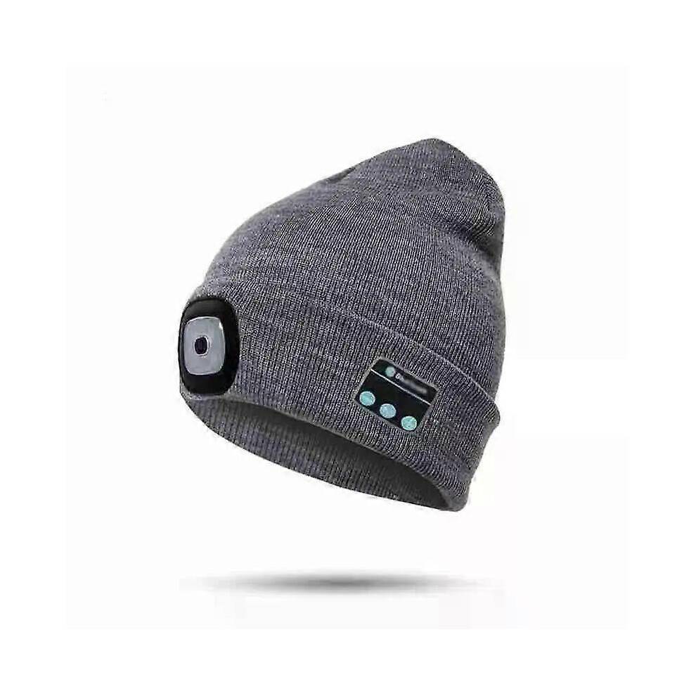 (grey) Winter Knitted Beanie Hat With Light Earphone Bluetooth Led Light Luminous Outdoor Mountaineering Handfree Music Headphone Hat
