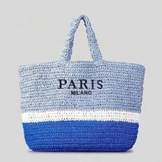 Retro Summer Seaside Vacation Beach Bag With Embroidered Letters And Contrasting Colors, Large Capacity Handbag, Hand Woven Straw Woven Shoulder Bag - Blue