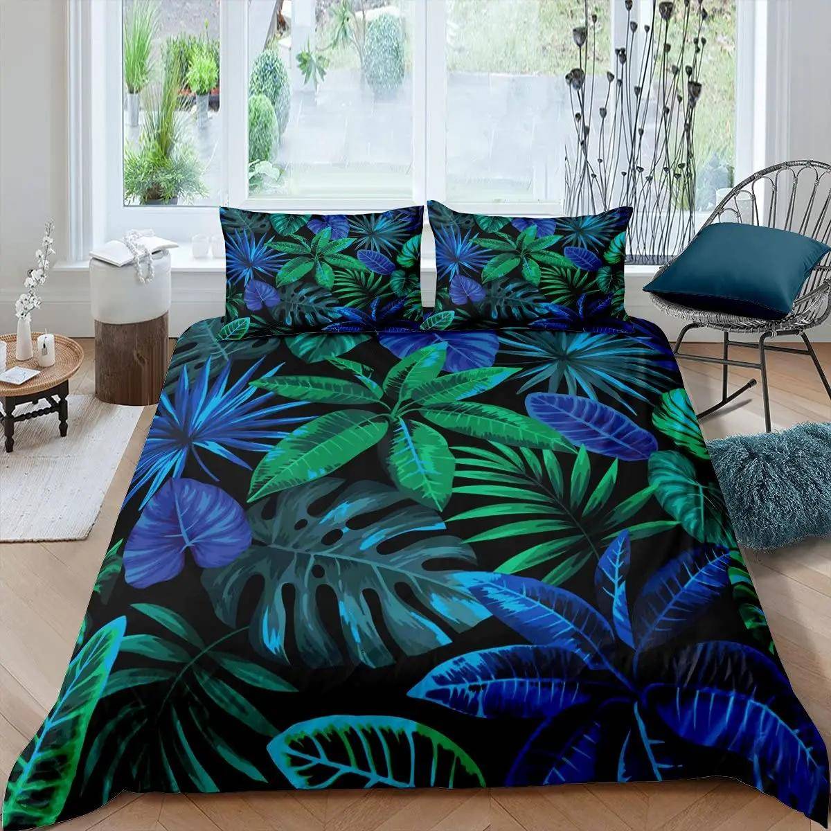 Örngott Kung Full Bananblad Sängklädesset Hawaiianska Tropiska Blad Gröna Grenar 2/3st Polyester Täcke