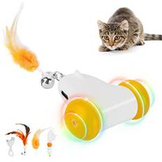 HAPPY HACHI Katzenspielzeug Selbstbeschäftigung, Katzenspielzeug Elektrisch mit 3 Fedem, 2 Geschwindigkeiten, LED-Farbrad, Spielzeug für Katzen USB Aufladbar (Weiß)