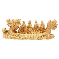 Seven Lucky Gods Good Luck Treasure Boat Fine Art Natural Boxwood Wood Carving Lucky Charm Ornament Wooden Sculpture Academic Achievement Housewarming