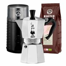 Bialetti Moka Express 6 Kop. Espressokande Alu Inkl. Elektrisk Kaffemølle & Rigtig Kaffe Organic Peru 400g Hele kaffebønner