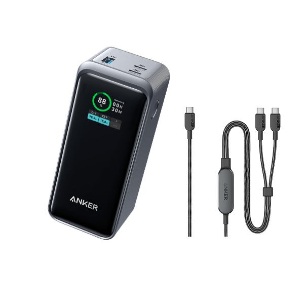 Anker Prime 20,000mAh Power Bank (200W) + Anker 2-in-1 USB-C to USB-C Cable (1.2m, 140W, Braided)