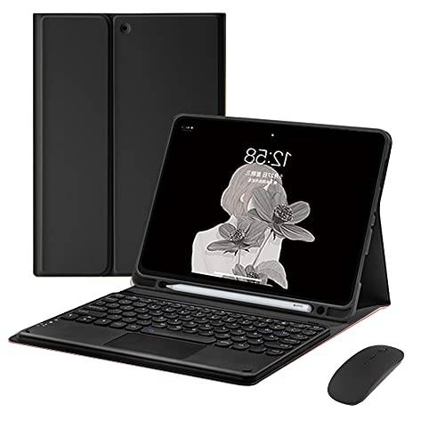 QYiiD Tangentbordsfodral med mus för Galaxy Tab S8 Plus 2022/S7 FE 2021/S7 Plus 2020 12,5 tum, söt rund tangentfärg tangentbord pekplatta magnetiskt tangentbord och mus med S-pennhållare, svart