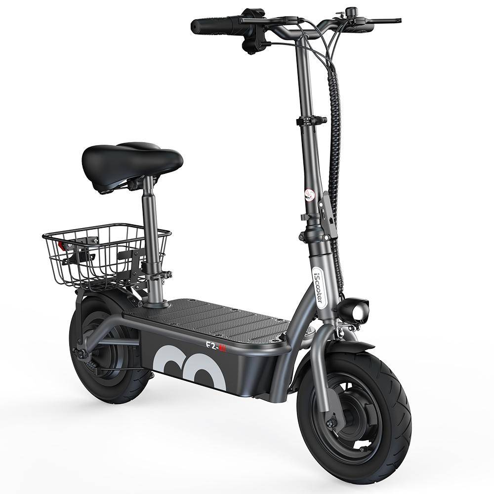 iScooter F2 hopfällbar elsparkcykel för vuxna med säte, 500W motor, 36V7.8Ah batteri, 10-tums luftfyllda däck med korg, stadselsparkcykel
