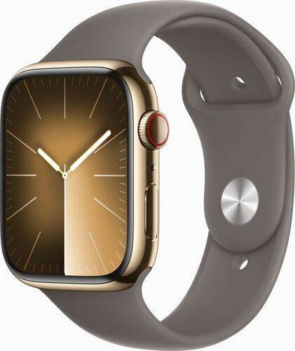 Apple Watch Series 9 Rostfritt stål 41 mm (2023) | GPS + Cellular | guld | Sportband lera brun M/L