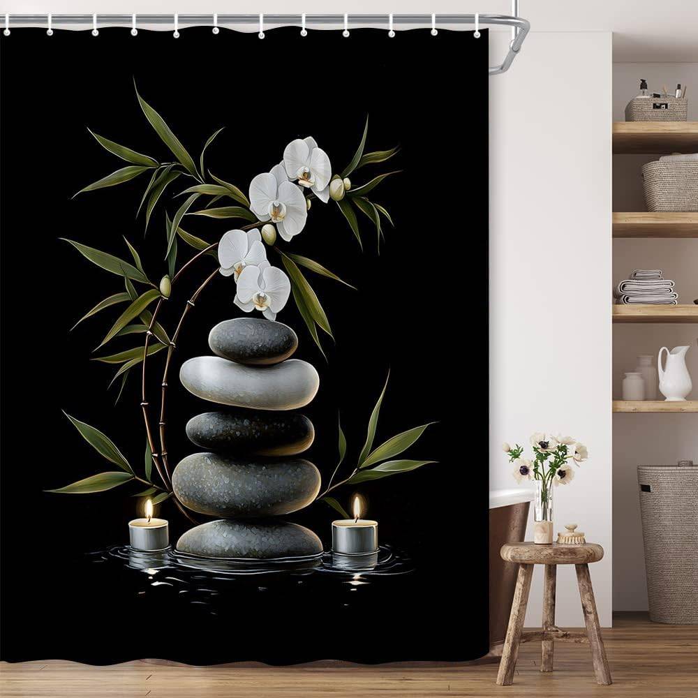 Svart Duschdraperi Zen Sten Vit Blommig Salviagrön Blad Reflektioner i Vatten Natur Japansk Asiatisk Zen Trädgård Polyester