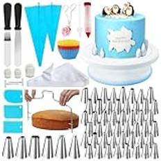 AZOMKER baktillbehör för tårtor set 181, spritstyllar, tårtfat roterbar tårtsats tillbehör, fondant bakning set 54 munstycken för garnering/100 stycken spritspåsar, bakverk tillbehör (blå 181 st)