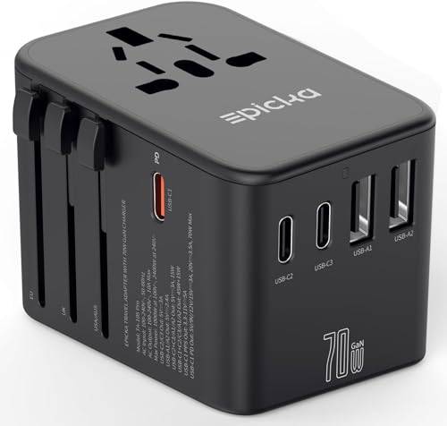 EPICKA GaN Universal Reseadapter Snabbladdning, PD 70W Internationell Reseadapter med 3 USB-C, 2 USB-A, Världsomspännande Reseadapter för Japan, Amerika, Thailand, Storbritannien DE, TA-105 Pro