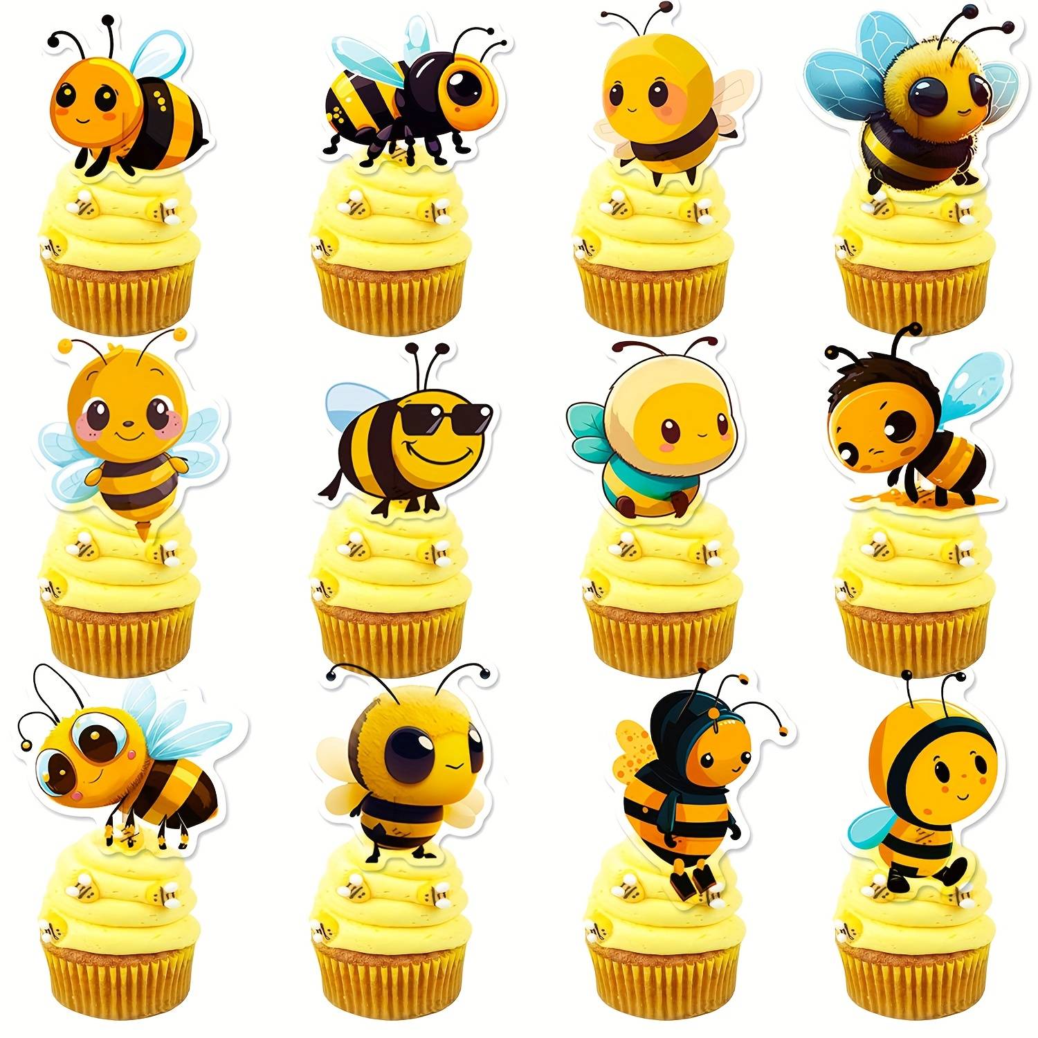 24pcs Bee Cupcake Toppers - Bumble Bee Cake Decorations Honeycomb Cake Toppers Sweet Birthday Party Decorations For Birthday Baby Shower Supplies