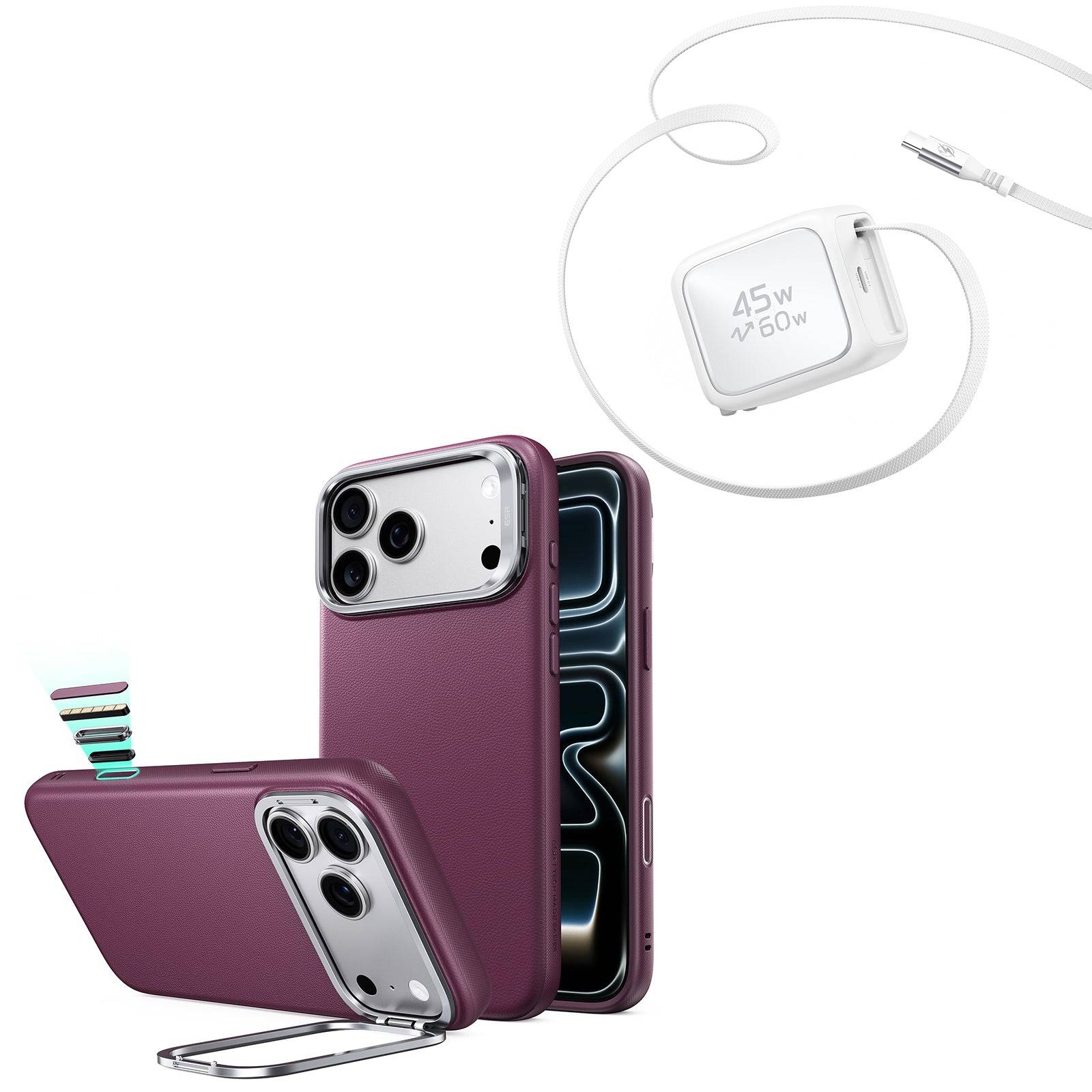 iPhone 18 Pro Max Atelier Silicone Leather Magnetic Case with Camera Control and Flex Stand, Plus Xtend 45W Retractable Charger Bundle - Deep Burgundy - Black