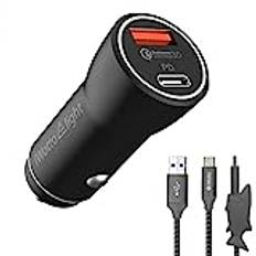 iWotto 18W - USB-bilsladdare med Typ-C-kabel - Shark Charger Set - 2 USB 3.0-laddningar - kompatibel med cigarettändare och snabbladdning för QI-mobilenheter