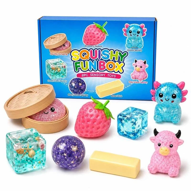 8 Pack Squishy Fun Box Set, Slow Rise Malt Sugar Squeeze Stress Relief Fidget Toys for Home Office Desk Relaxation