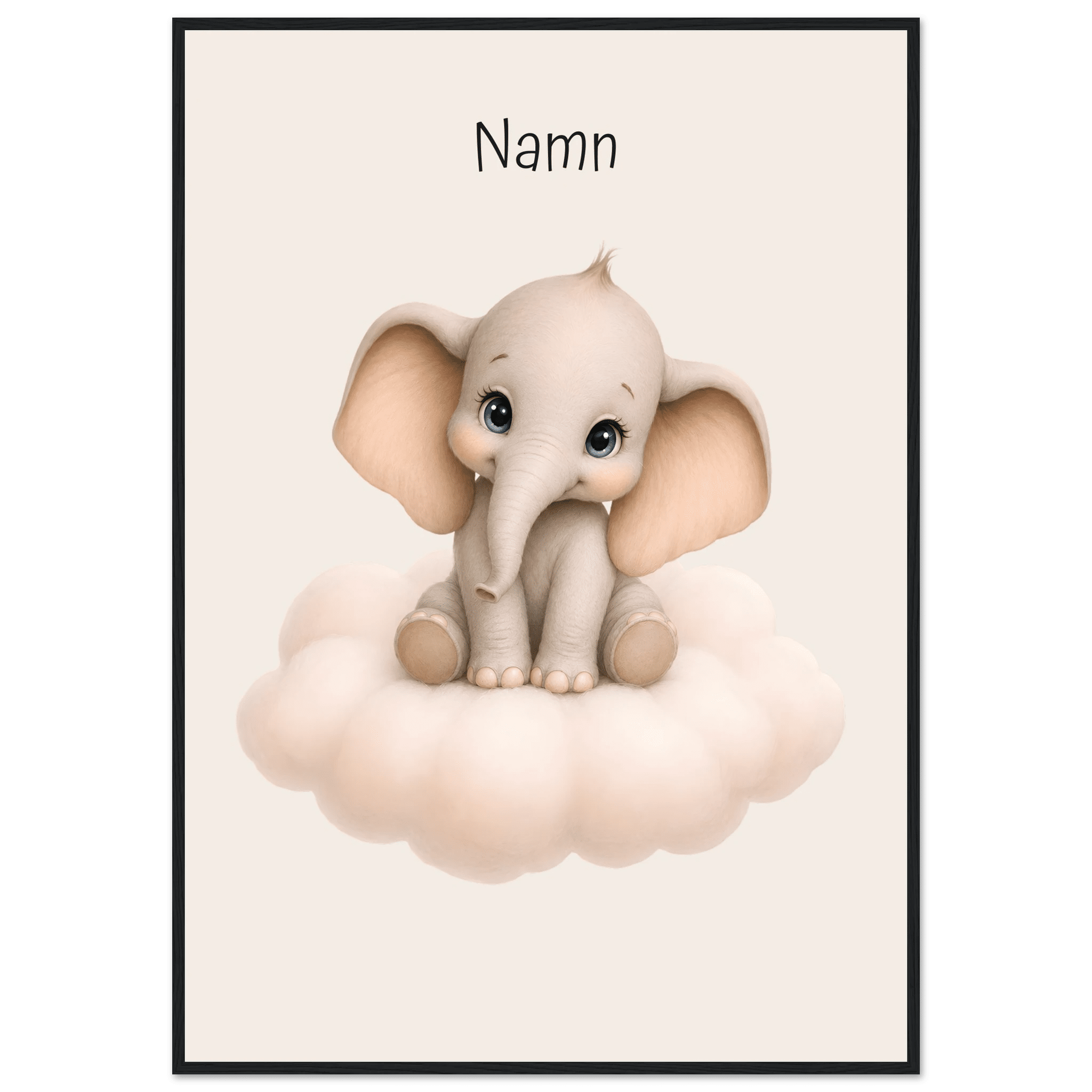 Elefant på moln med namn-70x100 cm / 28x40″ / Med ram / Svart