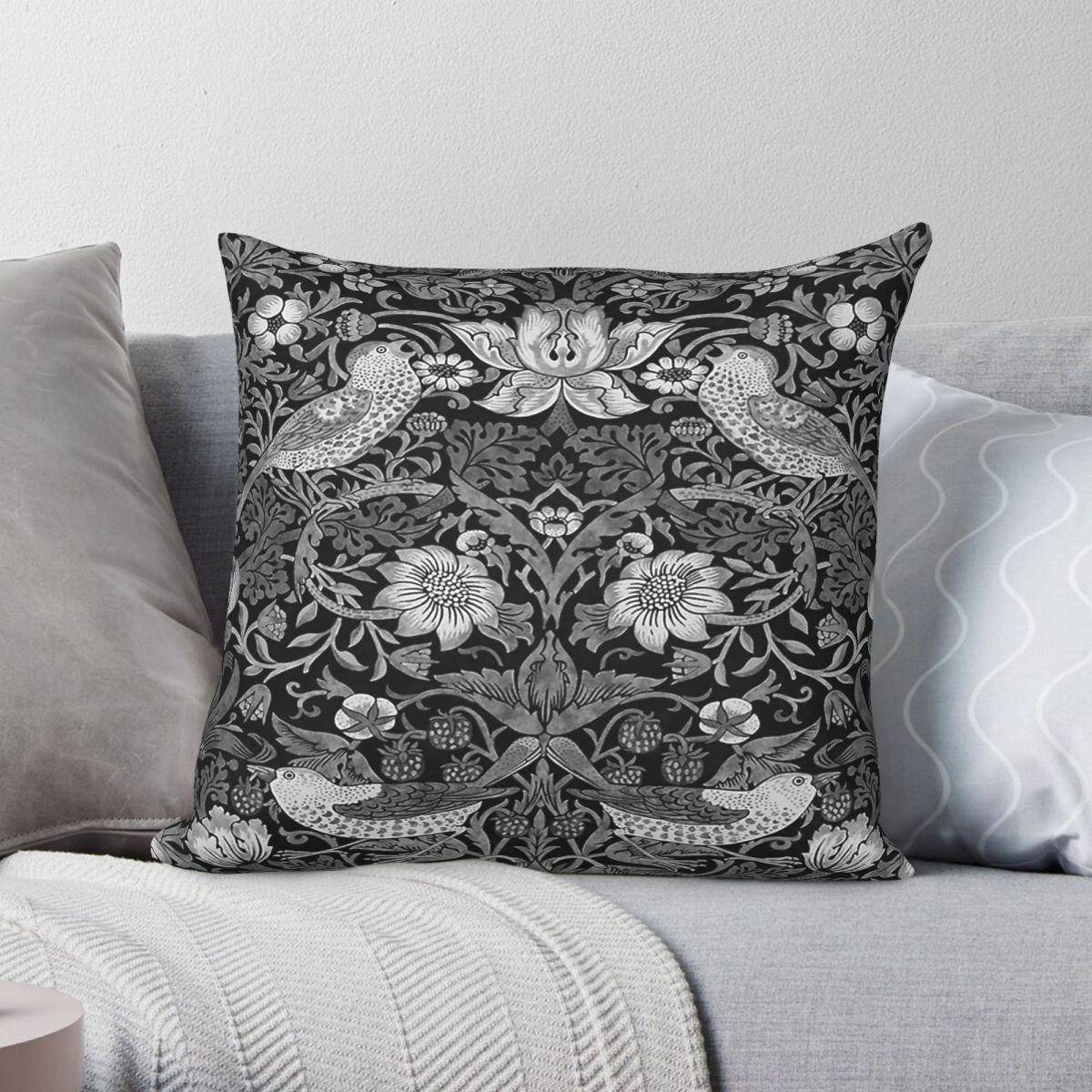 William Morris Strawberry Thief Grå Kuddfodral Polyester Linne Sammet Mönster Dragkedja Dekor Kudde Överkast Rum Kuddfodral