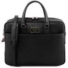 Tuscany Leather 16" Urbino herre læder computertaske - Saffiano Læder briefcase med lomme på forsiden i farven sort