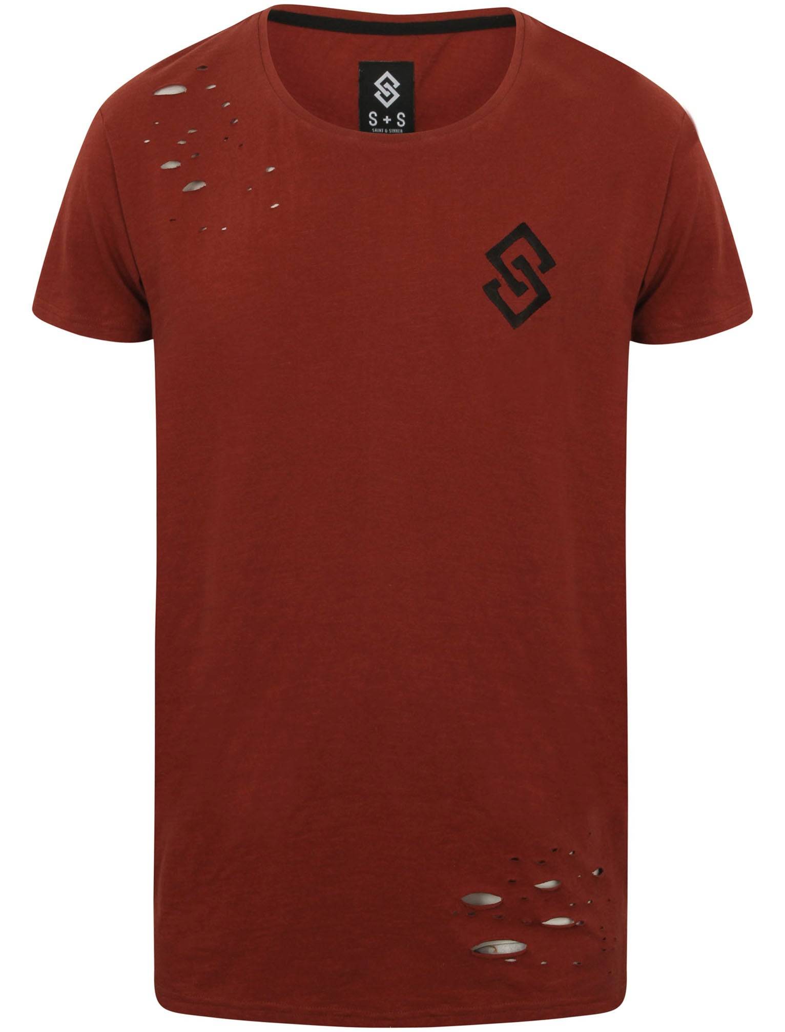 T-Shirts St Abran Longline Cotton T-Shirt with Rips in Topper Red - Saint & Sinner / S - Tokyo Laundry