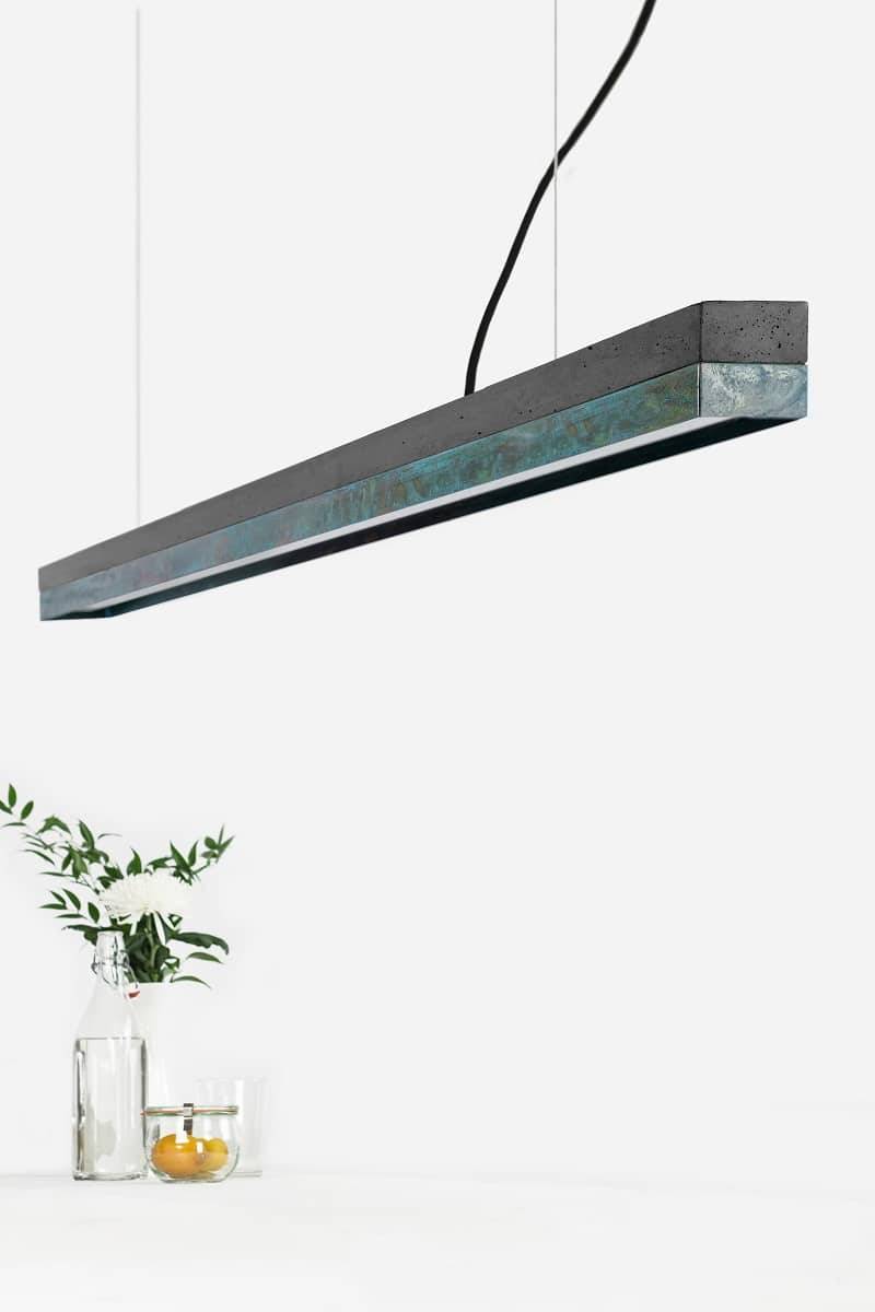 Langbordspendel i beton og oxideret kobber Mørk beton W182cm x H8cm x D8cm Varm hvid (2700K)