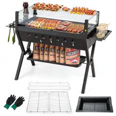 COSTWAY Träkolgrill med vindskydd, kryddhyllor och hyllor, campinggrill, grillyta av rostfritt stål, BBQ-grill med handskar för matlagning, camping, picknick