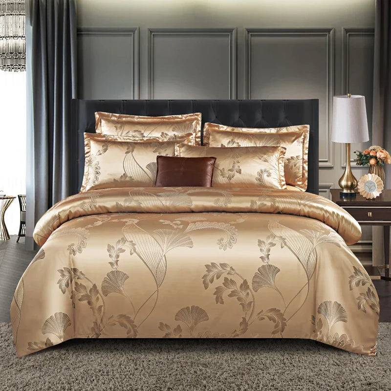 Lyxigt Satäng Rayon Jacquard Påslakan i Guld & Blått - 12 / 2 kuddöverdrag 48x74cm