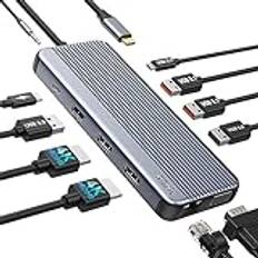 USB C Docking Station Triple Display, Selore 11 i 1 USB C-hub med 2 x 4K@60Hz HDMI & 1080P VGA, USB C & 2 USB3.1 10 Gbps, 2 USB 2.0, Gigabit Ethernet, 3,5 mm ljud och mic, 100 W PD3.0 för Lenovo,
