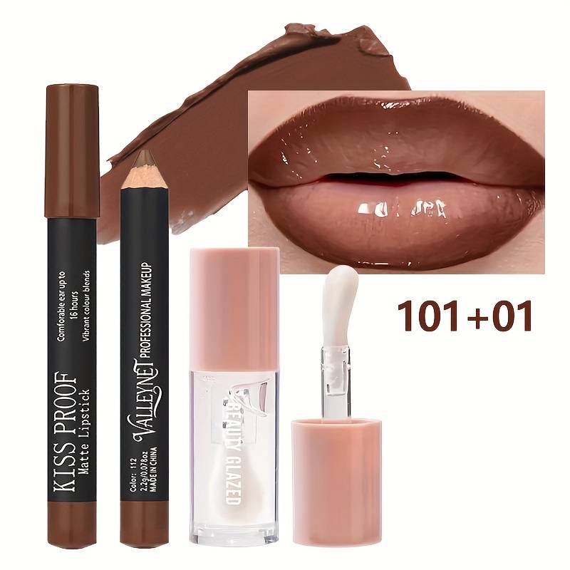 Lipstick And Lip Oil Set, Waterproof, Nude Lip Color, Brown, Suitable For Types