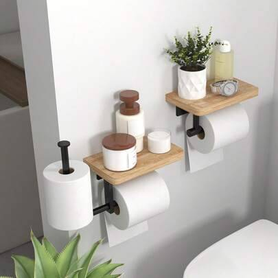 1 st väggmonterad toalettpappershållare i trä med hylla – hängande toalettpappersdispenser över vattentanken, enkel installation, ingen borrning krävs - Multifärgad (1726G#H,1742#H,1742#)