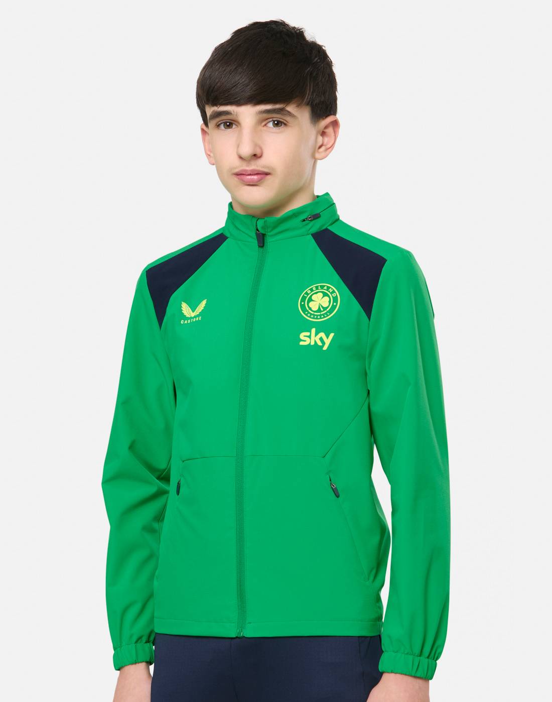 Kids' Castore Ireland Performance Shower Jacket in Green/Navy Blue