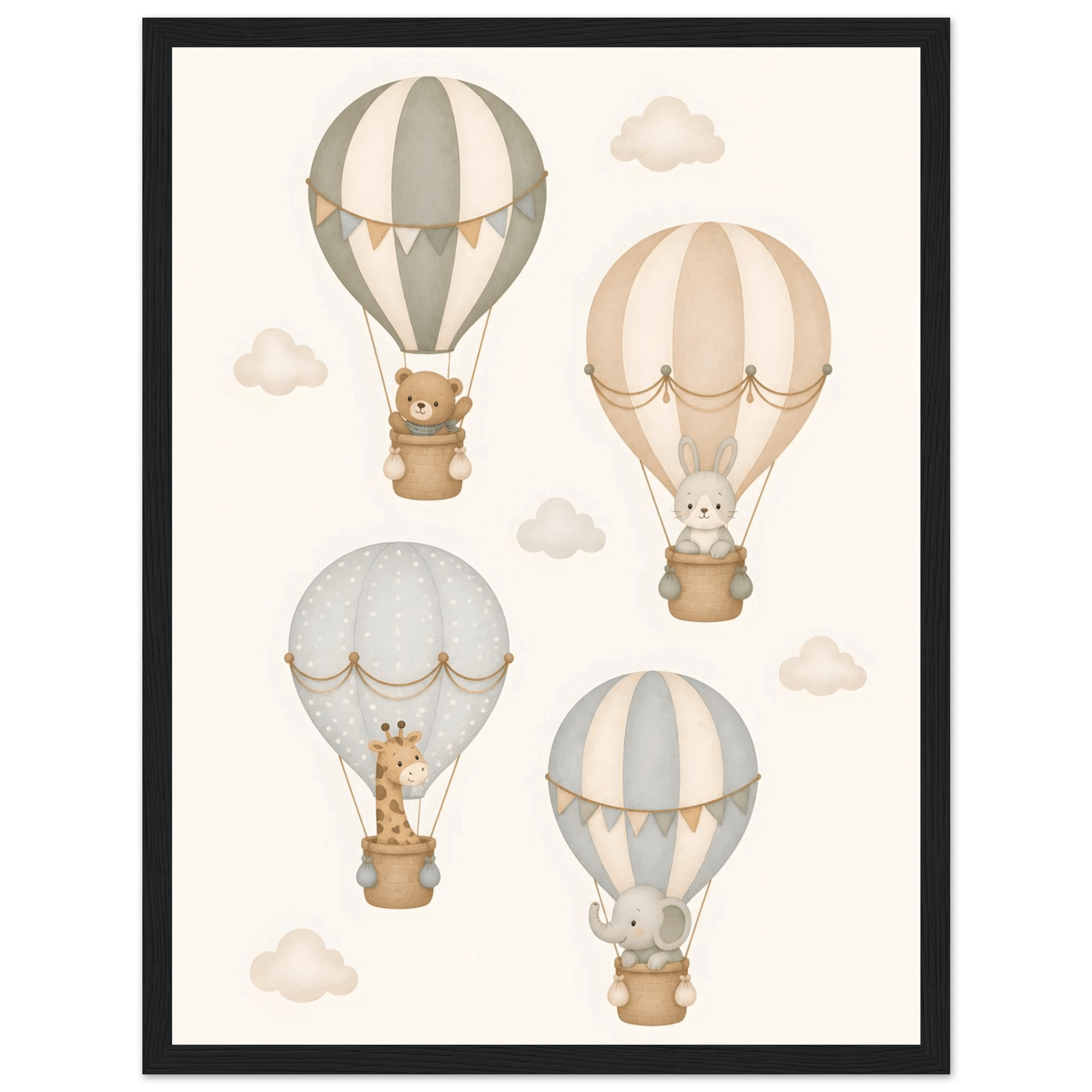 Djur i luftballonger barnposter-30x40 cm / 12x16″ / Med ram / Svart