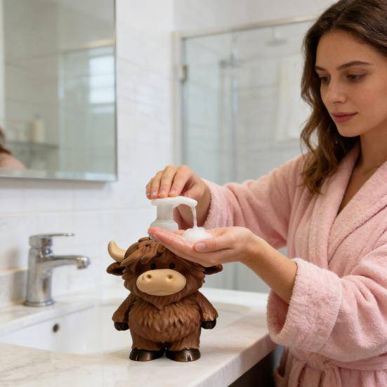 Tvåldispenser Handgjord Pump Spillfri Design Tvål Highland Ko Figur Badrum Kök Lotionflaska vit